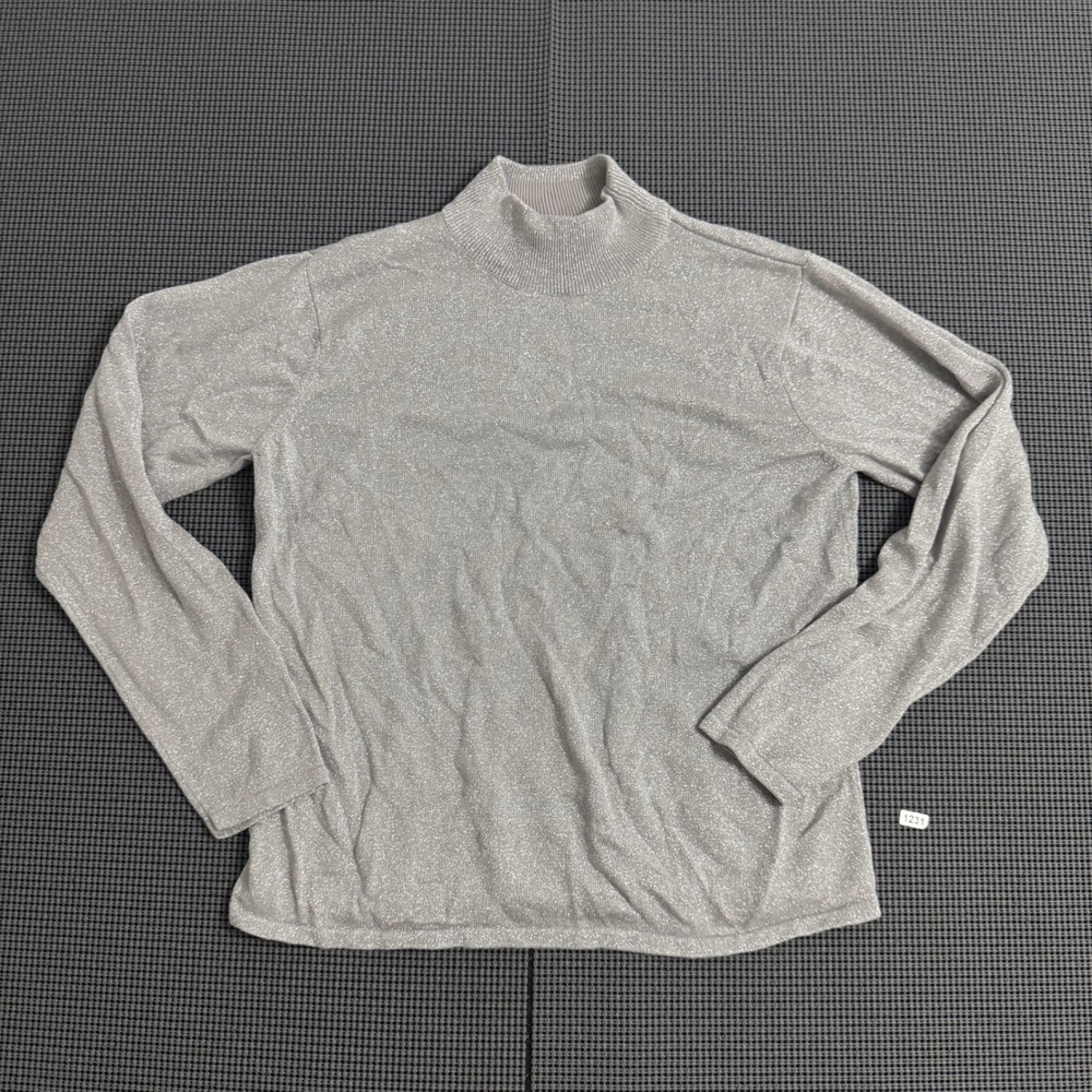 Talbots Womens M Silver Silk Blend Metallic Shimmer Mock Neck Sweater
